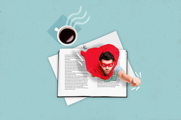 Creative magazine banner collage on interesting story with super hero battle person read book relax...