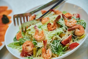 Salad of shrimp, cheese and vegetables. Recipes of Mediterranean cuisine