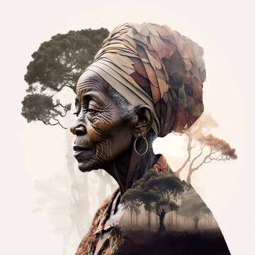 Generative AI image. Double exposure of an old african woman and the jungle