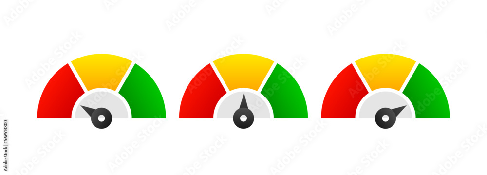 Poster speedometer and gauge meter collection. vector scale, level of performance. green and red, low and h