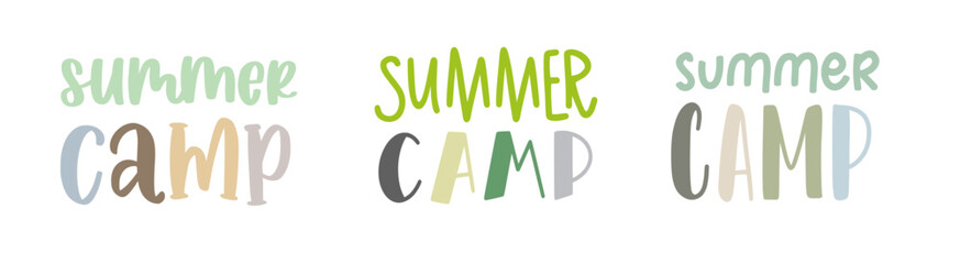 Summer camp. Pastel color illustration. Summer camp template poster, flyer, banner design. Vector illustration. Hand drawn lettering typography text. Summer camp logo for print design.