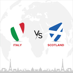 Italy vs Scotland Creative Rugby Ball or Badge in flag design on France skyline background for a sports tournament, this vector for sports match template or banner in vector illustration.