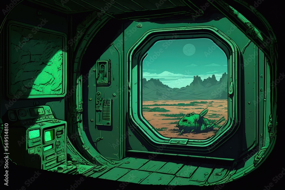 Wall mural Grungy cabin of a spaceship with a view of a lone green window. Generative AI