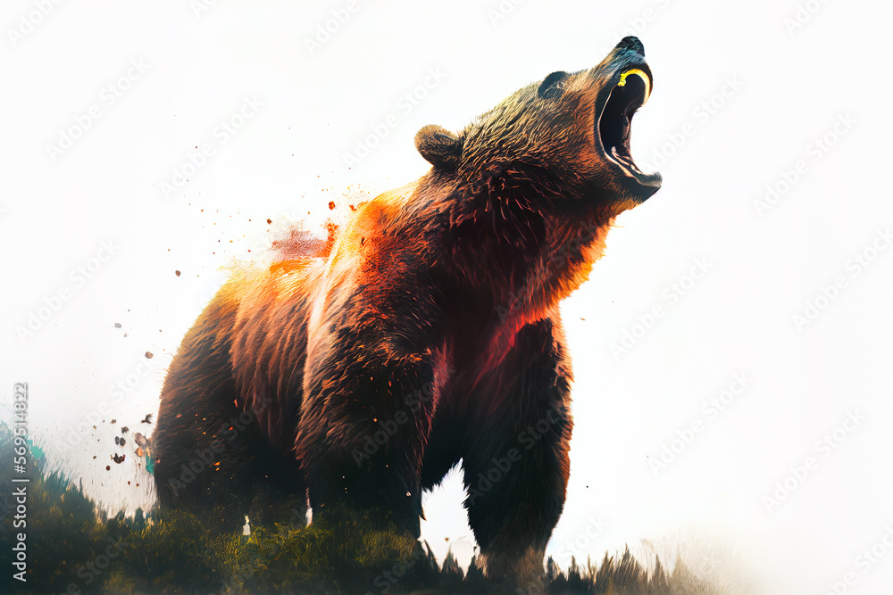 Aufkleber wild screaming grizzly bear double exposure with paint splatters. dynamic action pose. digitally gen