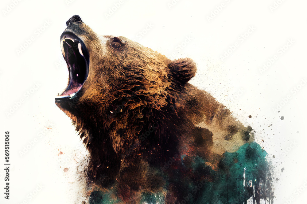 Fototapete Wild screaming grizzly bear double exposure with paint splatters. Dynamic action pose.
Digitally generated AI image