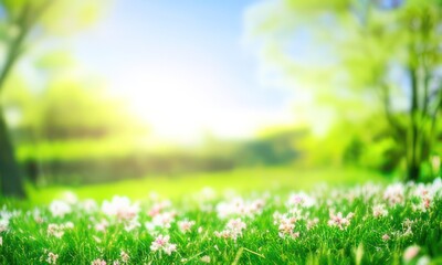 spring green grass and sun nature background created with Generative AI