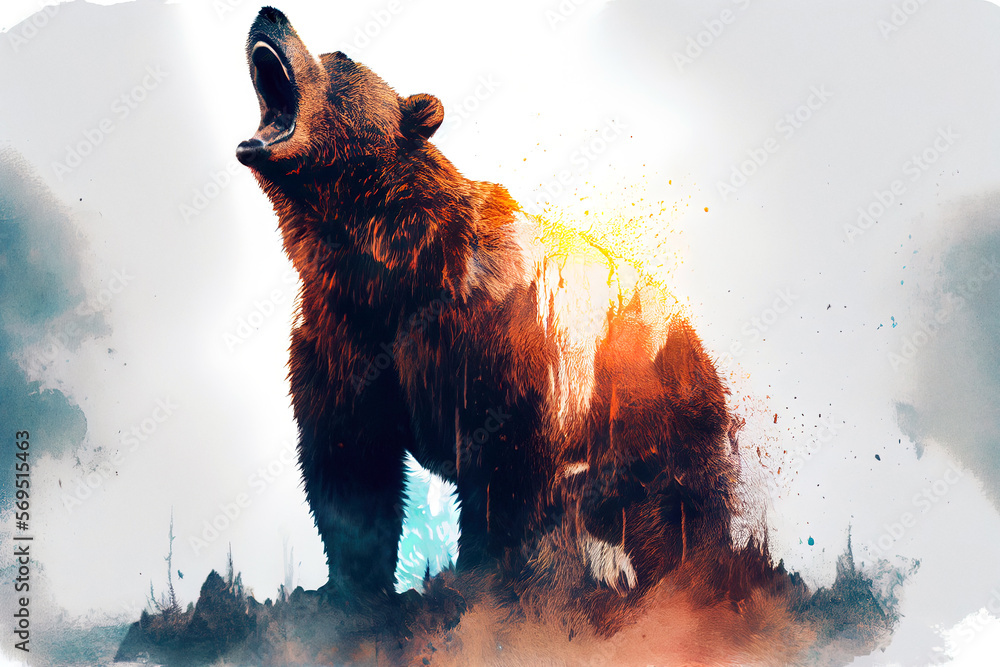 Aufkleber wild screaming grizzly bear double exposure with paint splatters. dynamic action pose. digitally gen