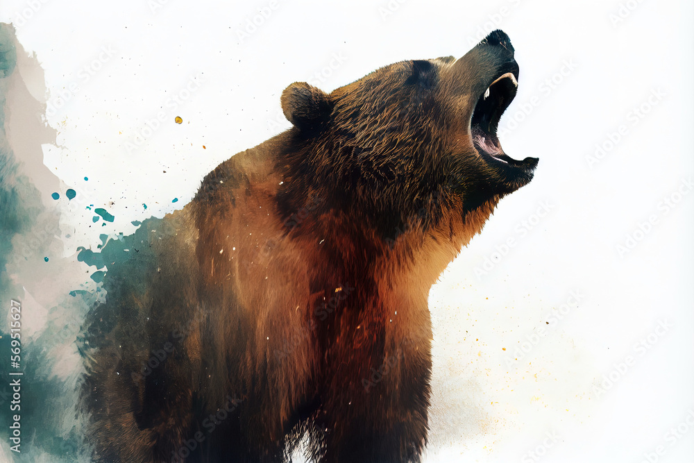 Poster Wild screaming grizzly bear double exposure with paint splatters. Dynamic action pose.
Digitally generated AI image