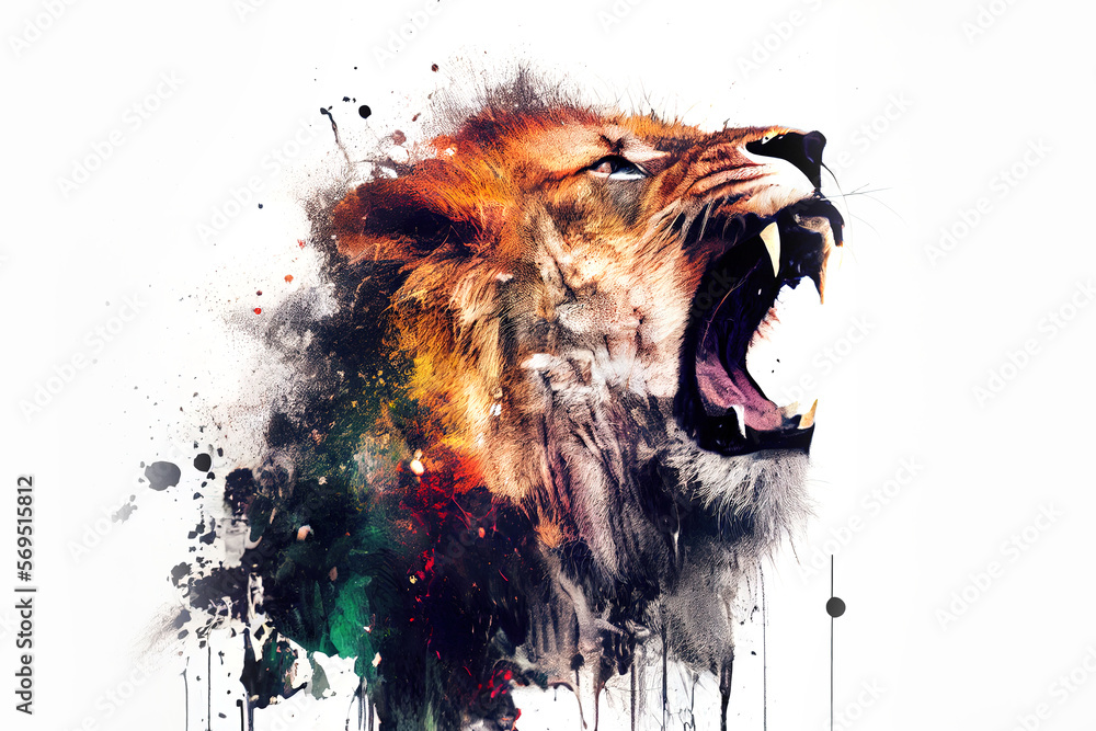 Poster Wild screaming lion double exposure with paint splatters. Dynamic action pose.
Digitally generated AI image
