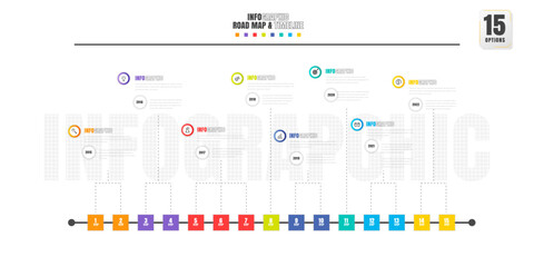 Timeline infographics design template with 15 options, process diagram.