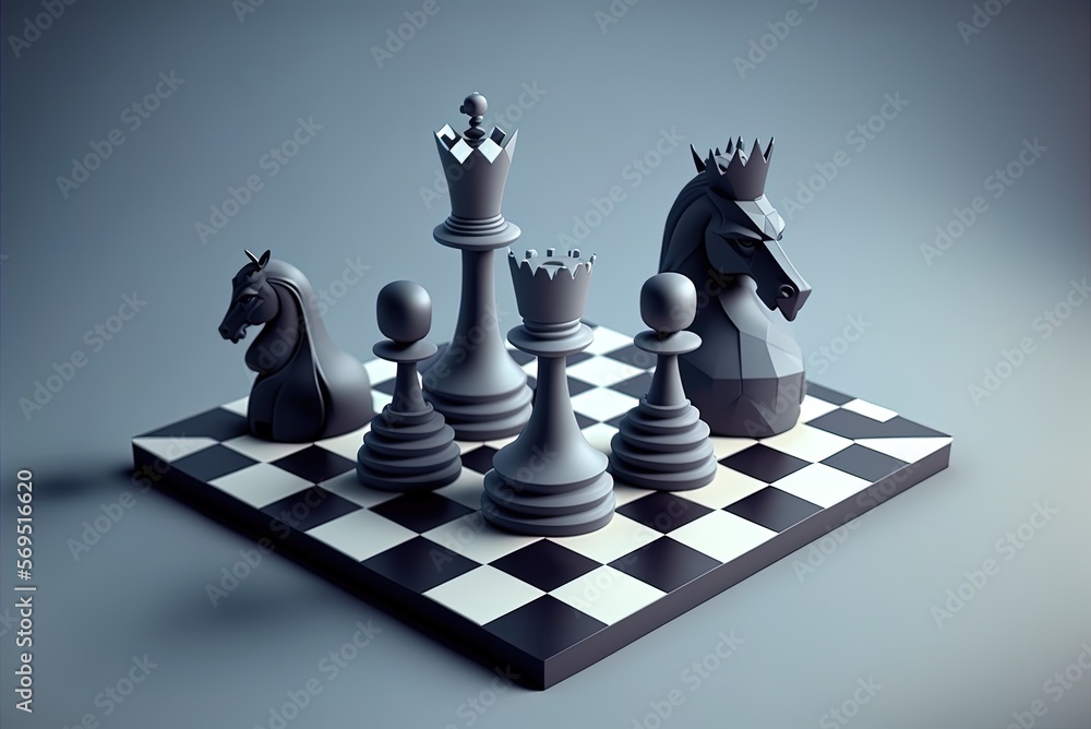 Poster fragmented chess set and board on a grey background. generative ai