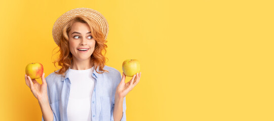 Woman isolated face portrait, banner with mock up copy space. natural organic fresh apple. healthy life. diet and skin beauty. dental care. lunch break. Summer female model with apple.