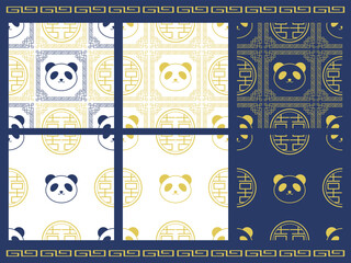 パンダと双喜紋のシームレスパターン6種セット　イエロー