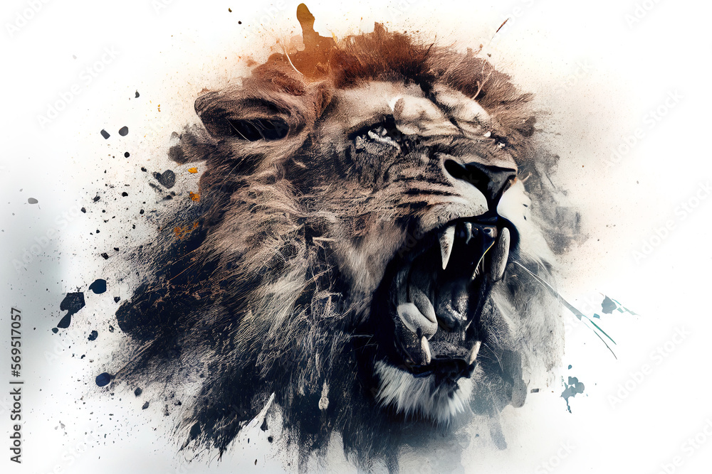Poster Wild screaming lion double exposure with paint splatters. Dynamic action pose.
Digitally generated AI image