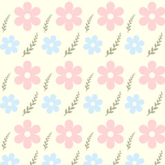Repeating pattern of blue and pink flowers and plants on a yellow background