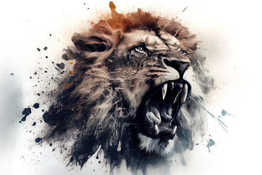 Wild screaming lion double exposure with paint splatters. Dynamic action pose.
Digitally generated AI image