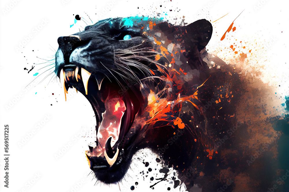 Poster Wild screaming panther double exposure with paint splatters. Dynamic action pose.
Digitally generated AI image