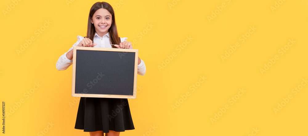 Sticker happy teen girl hold blackboard. child advertising. back to school. presenting novelty information. 