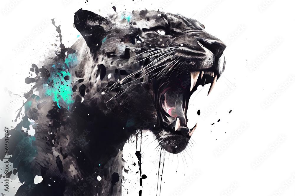 Aufkleber wild screaming panther double exposure with paint splatters. dynamic action pose. digitally generate