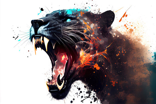 Wild screaming panther double exposure with paint splatters. Dynamic action pose.
Digitally generated AI image