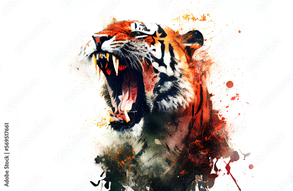 Poster Wild screaming tiger double exposure with paint splatters. Dynamic action pose.
Digitally generated AI image