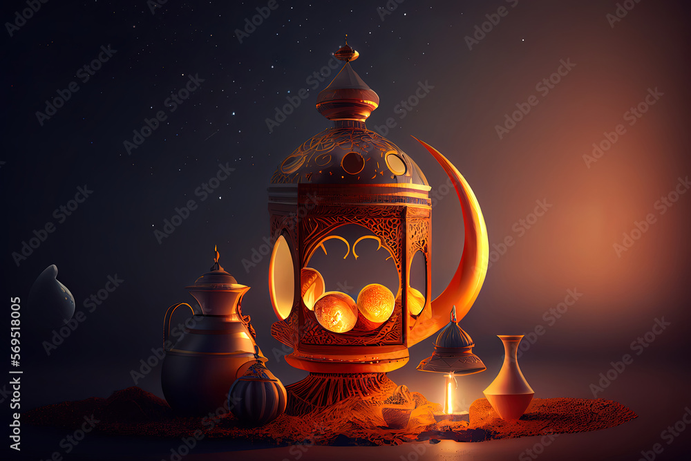 Poster concept of ramadan with dates and accessories on wooden surface. generative ai