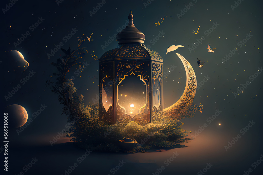 Poster concept of ramadan with dates and accessories on wooden surface. generative ai