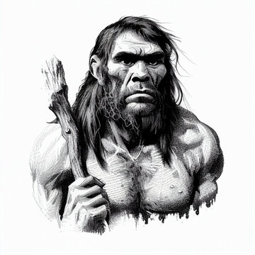 Portrait of an ancient prehistoric Neanderthal man, black and white graphics, engraving style