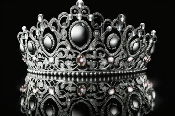 Diamond Silver Crown for Miss Pageant Beauty Contest, Crystal Tiara jewelry decorated gems stone and abstract dark background on black velvet fabric cloth, Macro photography copy space for text logo