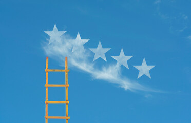 Business vision development,and idea concept. Ladder of success leading to a cloud and five stars in the blue sky.Large copy space