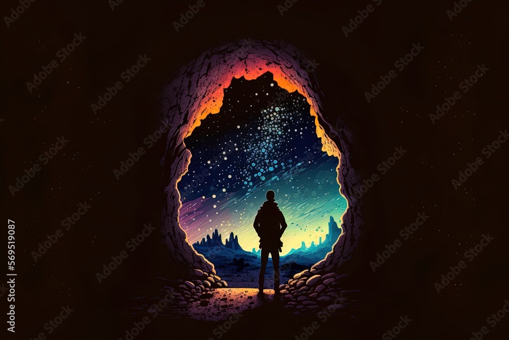 Poster introspective caveman contemplating the cosmos generative ai