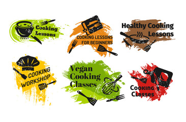 Cooking workshop paint grunge texture paintbrush stain design labels set vector flat illustration
