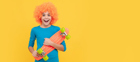 oh my god. fancy party look. kid in clown wig hold penny board. funny child with fancy hair. Funny teenager child on party, poster banner header with copy space.
