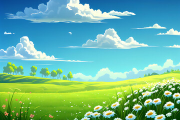 Obraz na płótnie Canvas Carton meadow spring landscape background scenery of a springtime green pasture field with a blue summer sky and fluffy summertime clouds computer Generative AI stock illustration image