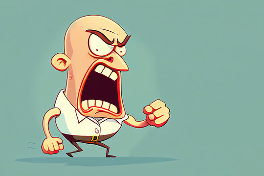 Cartoon character of an angry bald headed old man screaming and shouting with rage, isolated on a green background with copy space, computer Generative AI stock illustration