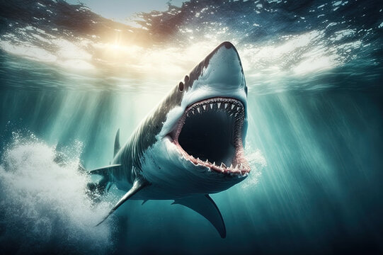Huge white shark, big mouth open ready to eat. Generative AI.