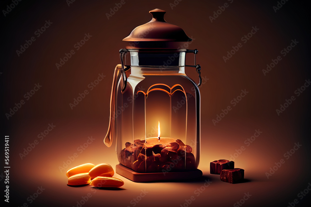Poster rectangular small chalkboard with juicy dates and candle holder against white. generative ai