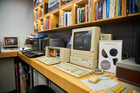 Moscow, Russia - May 7, 2022: Museum of Old Yandex Computers. Lots of old computers and books