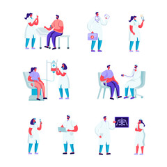 Set of Flat Blood Donation in a Medical Institution Characters. Cartoon People Woman at Doctor Appointment. Medical Check Up, Ultrasound, Volunteers Donating Blood. Illustration.