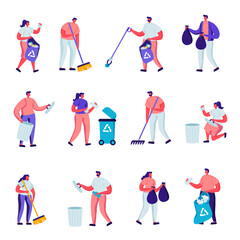 Fototapeta na wymiar Set of Flat Volunteers Collect Litter Characters. Cartoon People Raking, Sweeping, Put Trash into Bags with Recycle Sign, Pollution with Garbage, Clean Up Wastes. Illustration.