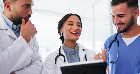 Diversity, tablet and team of doctors and nurses talking and analyzing medical data or results. Collaboration, teamwork and professional healthcare workers speaking with mobile device in a hospital. - Powered by Adobe