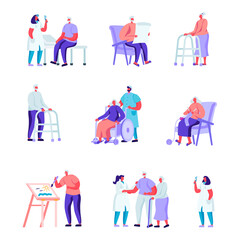 Set of Flat Older People in a Nursing Home Having Medical Aid Characters. Cartoon People Having Hobby Care of Plants, Painting, Playing Chess, Knitting. Illustration.