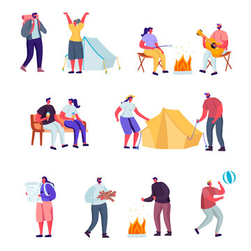 Set of Flat Active Lifestyle Outside The City in Summer Camp Characters. Cartoon People Touristic Hiking, Riding Hoverboard, Doing Yoga Outdoors, Walking with Pet. Illustration.