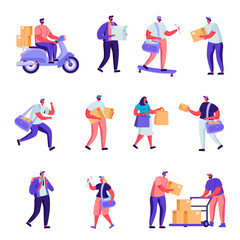 Set of Flat Postal Delivery Service Characters. Cartoon People Deliver Parcels, Postcards, Mail Around the World By Land and Air Transport. Illustration.
