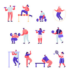 Set of Flat Professional Sport Activities Characters. Cartoon Male and Female Sportsmen, High Jump, Vaulting Horse, Pole Jumping, Core Shot, Gymnastics Exercises. Illustration.