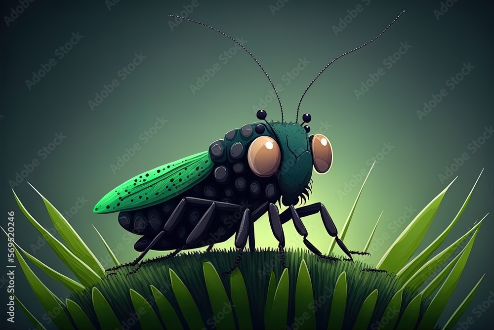 Poster bug with net-like wings perched on a grass stem generative ai