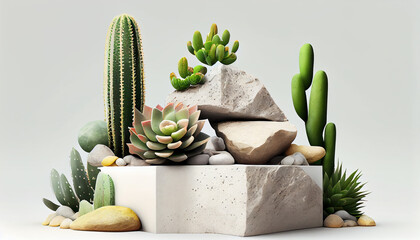 Stone podium, cosmetic display stand with nature leaves on white background, cactus and flower , Generative ai