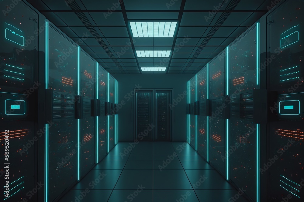 Poster servers data center room with glowing blue light. created with generative ai technology