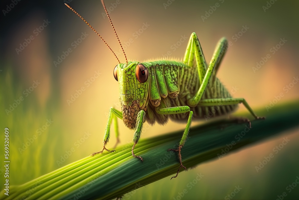 Poster an up-close photograph of a grasshopper perched on a plant stem against a fuzzy green backdrop gener