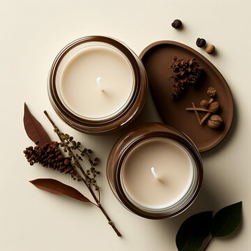 Velas con hierbas arom&aacute;ticas en plano cenital, vista a&eacute;rea velas relajantes arom&aacute;ticas, generative ai.